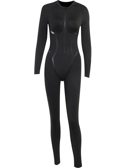 OMSJ Sporty Body Shaping Full Sleeve One Piece Out Going Fashion Jumpsuits Panelled Round Collar Zip Slim Women's Casual Rompers