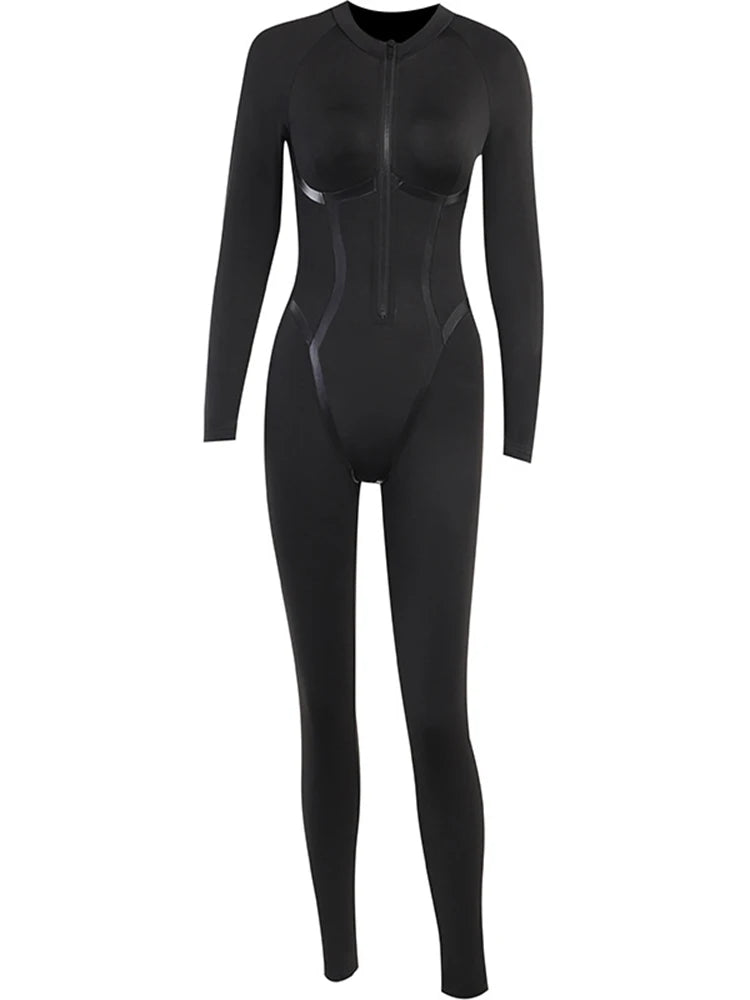 OMSJ Sporty Body Shaping Full Sleeve One Piece Out Going Fashion Jumpsuits Panelled Round Collar Zip Slim Women's Casual Rompers