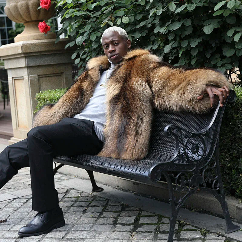 JANEFUR Men's Winter Raccoon Coat Thick Collar Warm Coat Real Raccoon Fur Coat Luxury Fashion