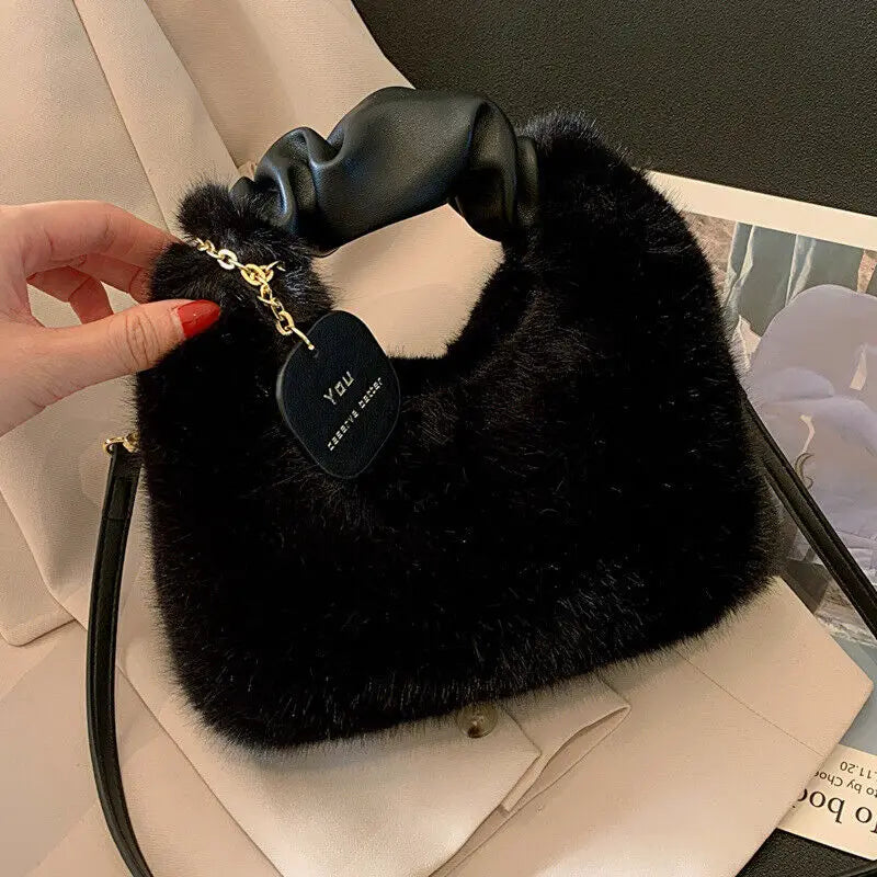 Cute Faux Fur Plush Handbags Ruched Handle Small Lady Shoulder Crossbody Bag Casual Tote Half-Moon Hobos Winter Bags for Women