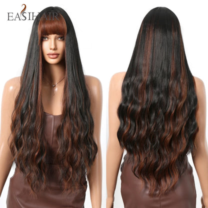 EASIHAIR Sandy Blonde Golden Wavy Synthetic Wigs with Long Bangs Cosplay Lolita Party Hair Wigs for Women Natural Heat Resistant