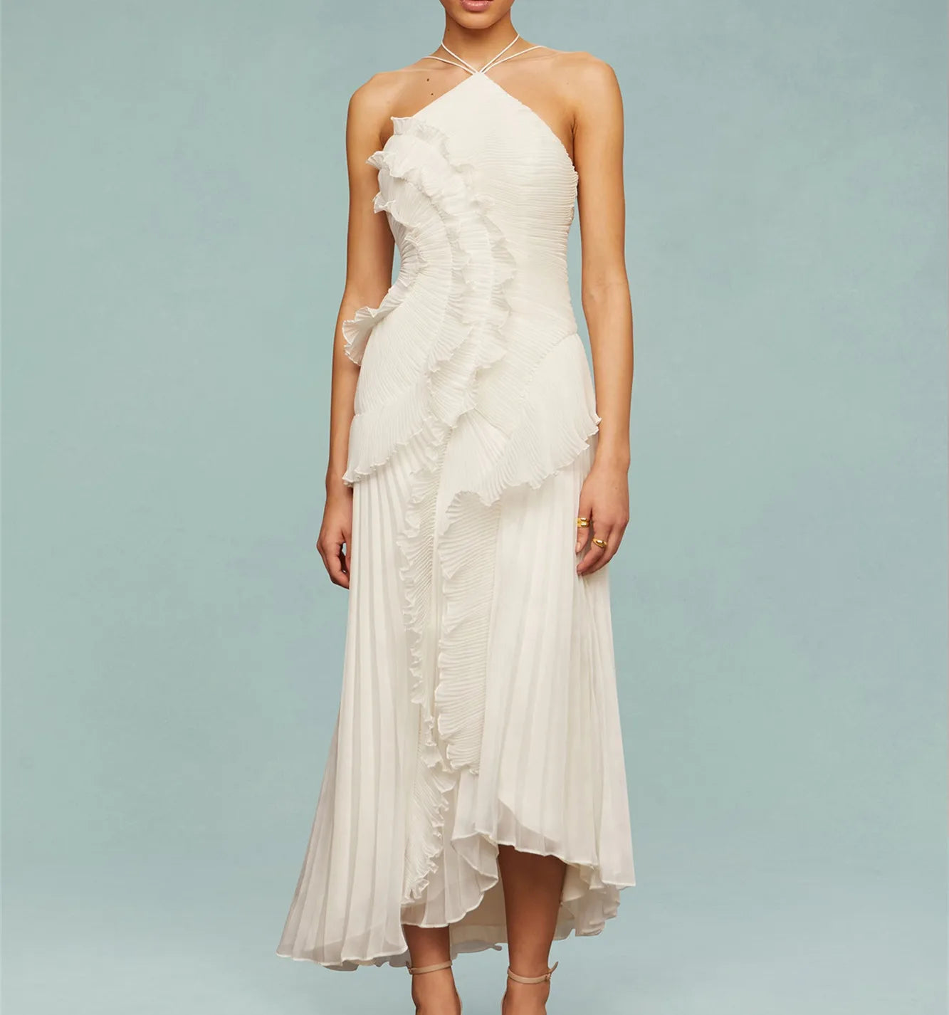 Elegant Women Ruffle Pleated Long Dress Fashion Sleeveless Halter Irregular Tiered Pleated Flowy Maxi Dresses for...