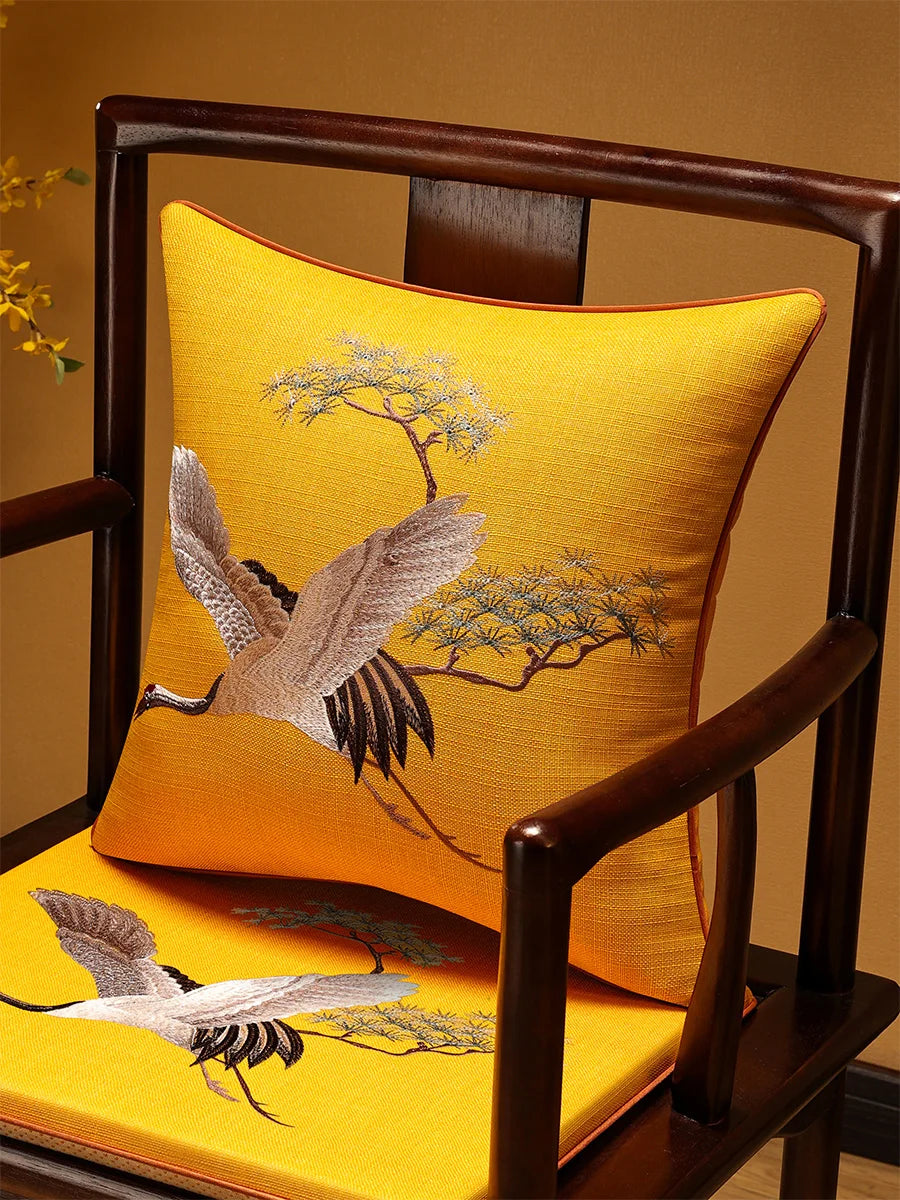 Embroidered Chinese Luxury Cushion Cover 45x45cm Elegant Crane Decorative Linen Pillowcase Living Room Sofa Autumn Pillow Covers