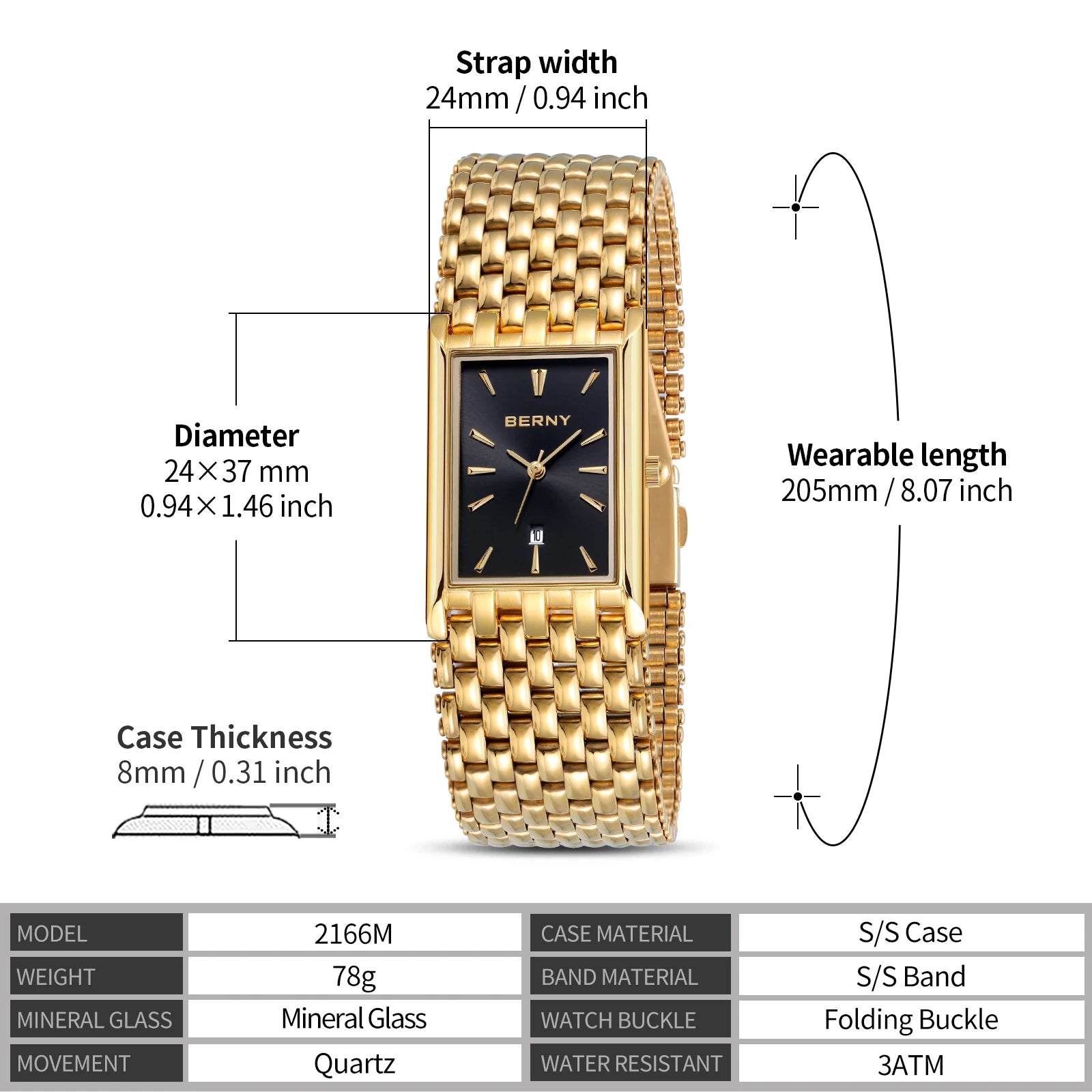 BERNY MIYOTA Quartz Watch Men Luxury Brand Men's Wristwatch Water Resistant Square Clock Stainless Steel Golden Man Watch 2023