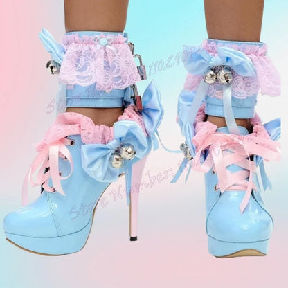 Pink Bow Knot Platform Ankle Boots Cross Tied Lace Decor Shoes for Women Thin High Heels Sexy Shoes 2024 Zapatos Para Mujere