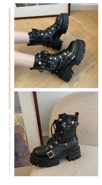 2024 NEW Punk Style Women Boots Lace-up heel height Platform Shoes Woman Gothic Ankle Rock Boots Metal Decor Woman Sneakers
