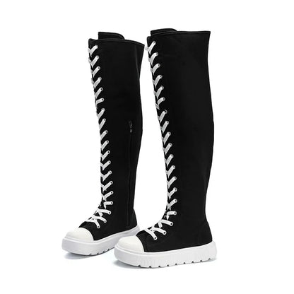 Plus Size Women's Canvas Boots Spring Autumn High Top Side Zipper Simple Long Tube over Knee Shoes Flat Heel Adult Footwear