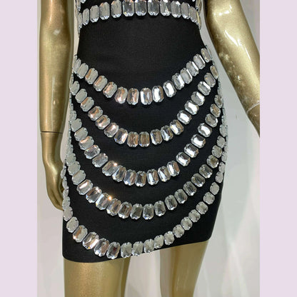 Brand New Ins 2025 Women Black Strapless Crystal Bandage Bodycon Dress Designer Collar Elegant Mini Evening Party Dress Vestido