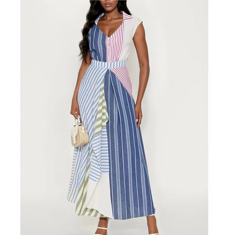 Personality Contrast Color Stitching Striped Dress Women's Summer Fashion Irregular Waist V-neck Sleeveless Commuting Dresses - Kimlud