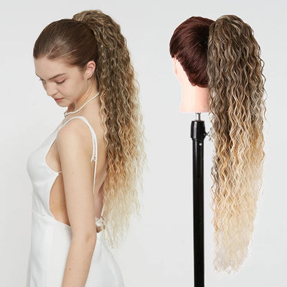 Julianna Synthetic Kanekalon Black Drawstring Water Wave Ponytail Extension Female Curly Wavy Clip In Ponytail Hair Extension