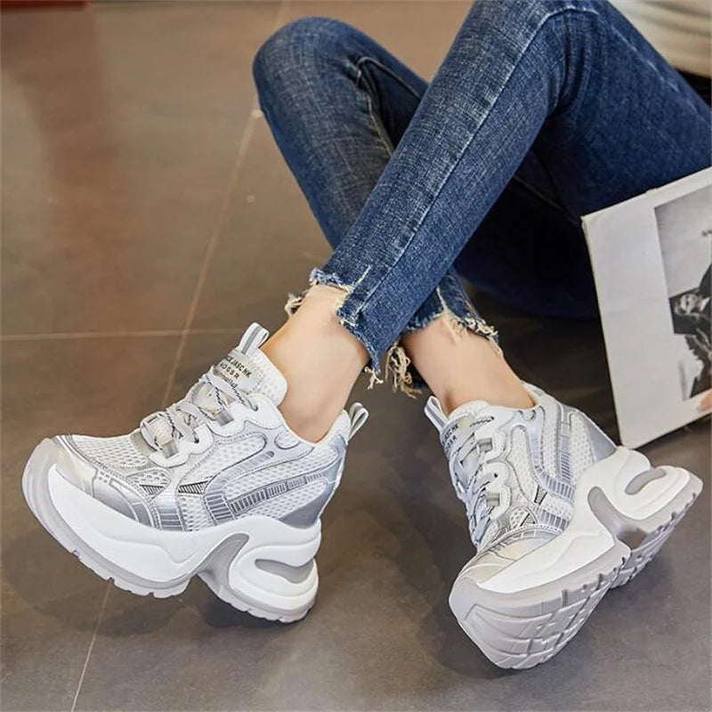 2025 12cm Synthetic Air Mesh Genuine Leather Vulcanize Chunky Sneakers Summer Autumn Leisure Spring Women Platform Wedge Pumps - Kimlud