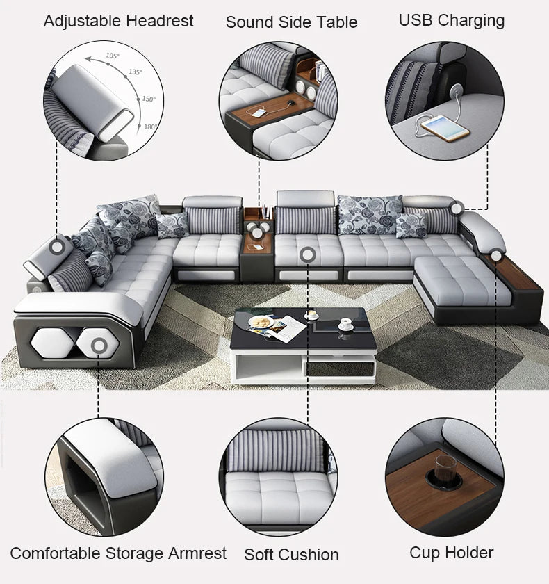 Modern Leather U-shaped Combination Sofa Bed 7-piece Furniture Living Room Fabric Velvet Sofa Home Manufacturer | Kimlud...