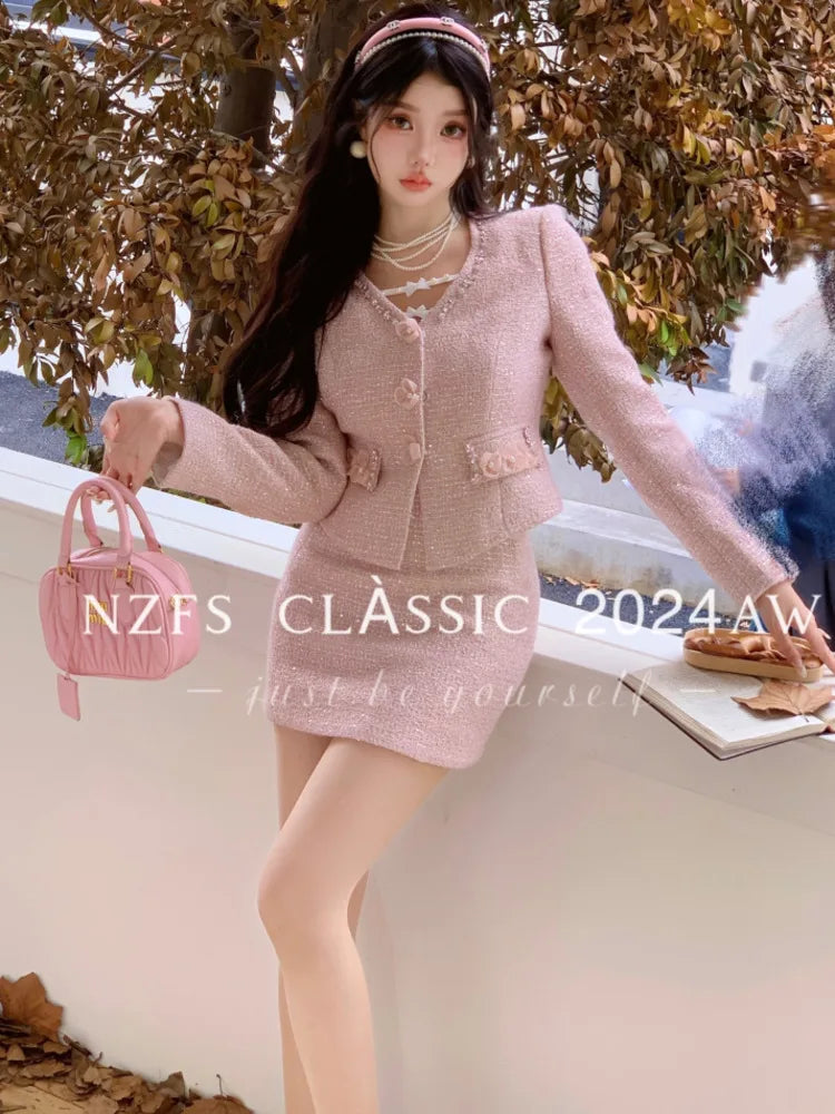 2024 autumn NEW Two Piece Set For Women Jacket Coat + short Skirt 2 piece sets women outfit conjuntos femininos elegantes