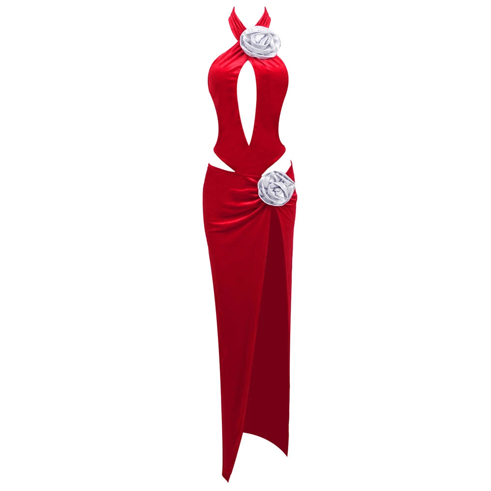 VC Cut Out Long Red Velvet Prom Dress Crystal Rose Details Sleeveless Hollow Out High Slit Maxi Party Cocktail Evening Gowns