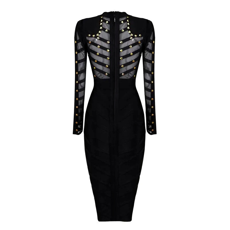 HQBORY 2023 Sexy Women Black Perspective Mesh Bandage Dress See Through Bodycon Luxury Vestidos Nail Beaded Evening Party Dress
