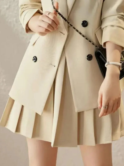 Korean Preppy Suit Women Fashion Embroidered Badge Double Breasted Jacket+High Waisted Pleated Mini Skirt Elegant Party Set 131F