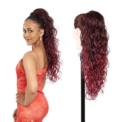 Julianna Synthetic Kanekalon Black Drawstring Water Wave Ponytail Extension Female Curly Wavy Clip In Ponytail Hair Extension