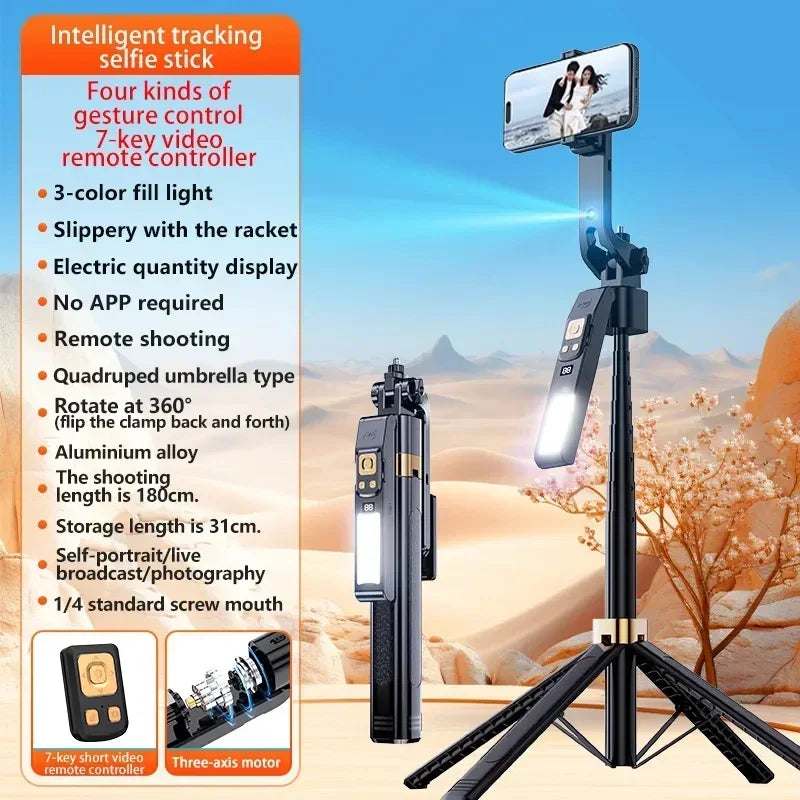 CL12P 180CM Selfie Stick Auto AI Face Tracking Quad Stand 360 Rotation Gimbal Tripod Stabilizer with LED Fill Light