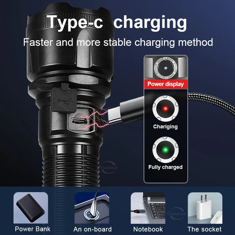 Newest 10000LM Ultra Powerful Rechargeable Flashlight 8000W Torch High Power LED Flashlights 3500M Long Range Tactical Lantern