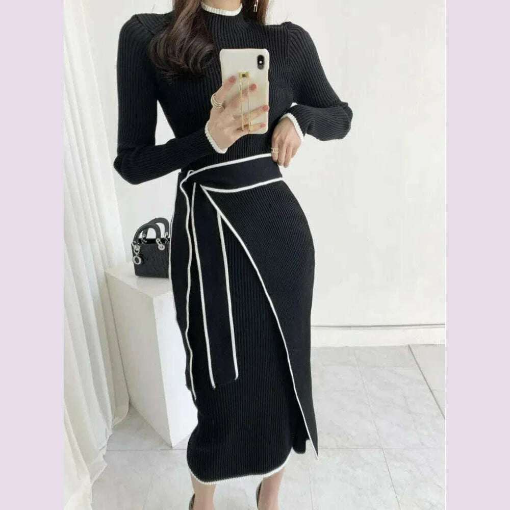 Elegant Stand Collar Contrast Bandage Long Sleeve Women Knitted Dress Autumn Korean Fashion Casual Knit Bodycondresses Vestidos