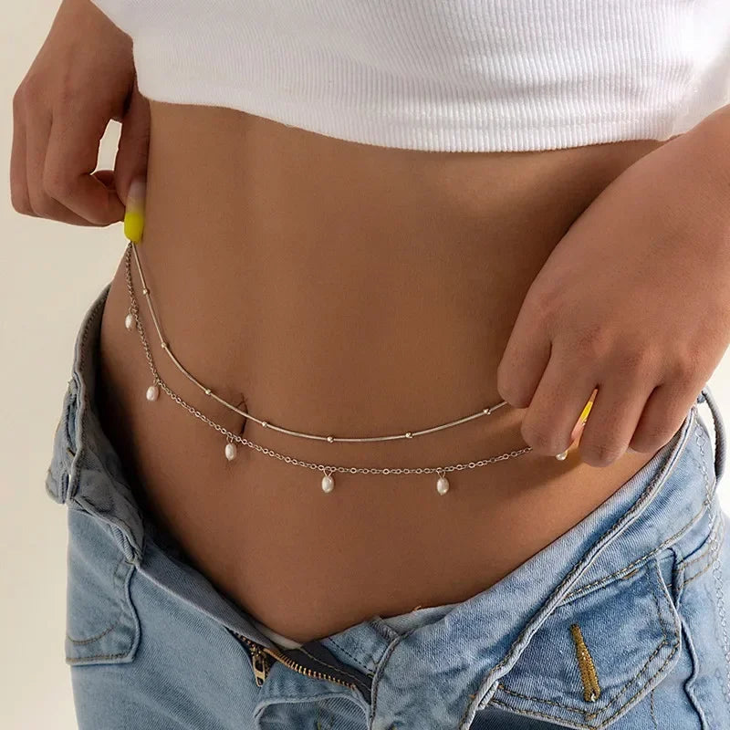 New Fashion Sexy Double Layer Pearl Chain for Women Waist Bead Belly Chain Belly Belt Summer Beach Body Jewelry Festival Gifts - Kimlud