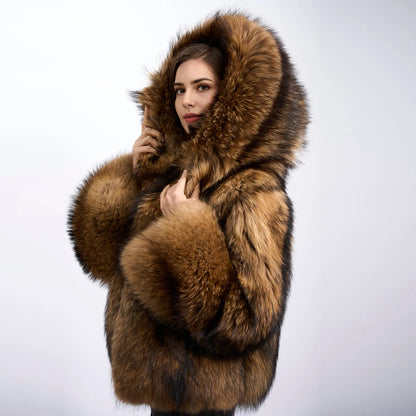 Genuine Raccoon Fur Coat With Hood Women's Winter Jacket Real Full Skin Raccoon Fur Jacket High Quality Natural Fur Jacket