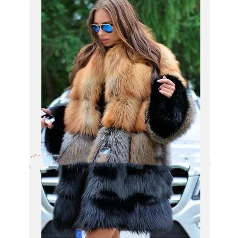 Women Long Faux Fur Coat Winter Fashion Large Size Thick Warm Fur Jacket Yellow and Black Contrast Stitching Cardigan Cloth