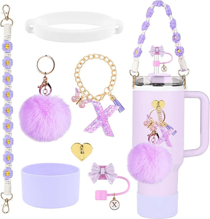 7PCS Accessories Set for Stanley Cup Purple Straw Topper Cup Boot Water Bottle Handle Strap Letter Charms 40oz 30oz Tumbler