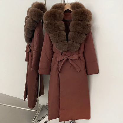 OFTBUY Long Puffer coat Real Fox Fur White Duck Down Coat New Winter Women Collar Fluffy  Jacket Female Thick Warm Reality Fur