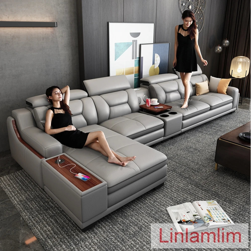 Beautify Your Living Room with Linlamlim Italian Genuine Leather Sofa - Bluetooth Speaker, Adjustable Headrests and USB...