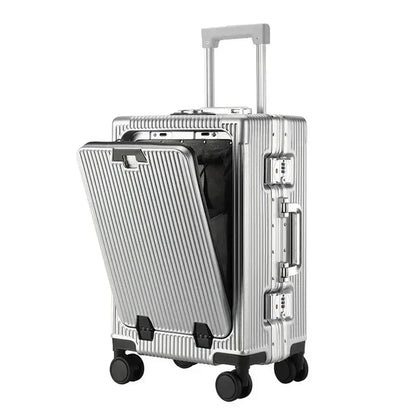 Front Opening Large Capacity Rolling Luggage Case Aluminum Frame Trolley Case USB Charging Boarding Suitcase With cup holders