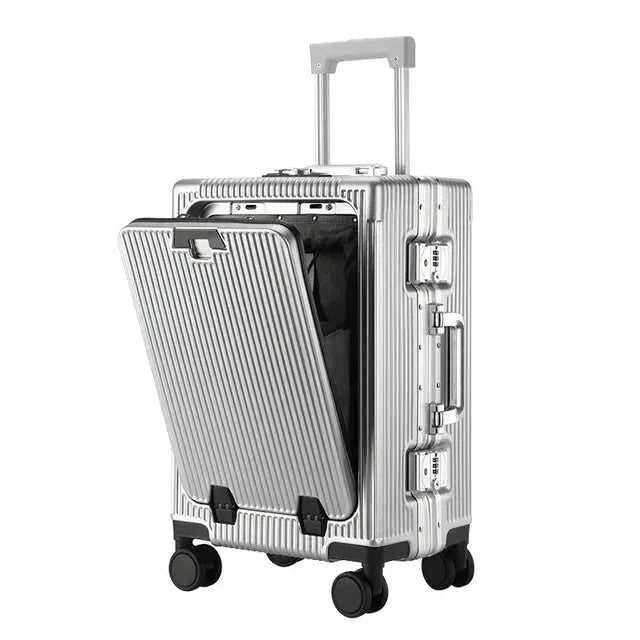 Front Opening Large Capacity Rolling Luggage Case Aluminum Frame Trolley Case USB Charging Boarding Suitcase With cup holders