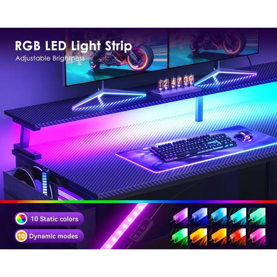 48 Inch Gaming Desk with USB Charging Ports and LED Lights, Reversible L Shaped Computer Desk with Storage Shelves amp Monitor