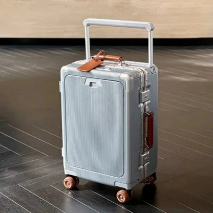 Front Opening Pocket Rolling Luggage Aluminum Frame Wide Handle Trolley Suitcase with Colorful Silent Wheels & USB Charging Plug