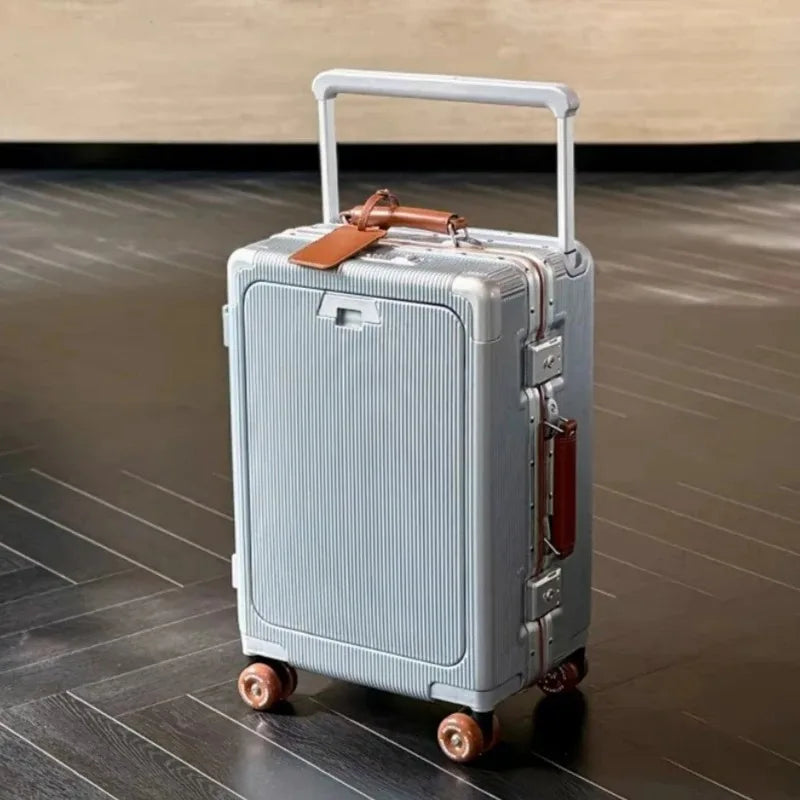Front Opening Pocket Rolling Luggage Aluminum Frame Wide Handle Trolley Suitcase with Colorful Silent Wheels & USB Charging Plug