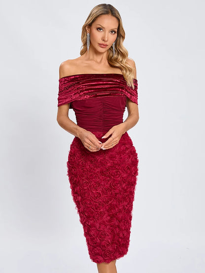 VC Red Off The Shoulder Midi Dress Flower Patchwork Mesh Slash Neck Velvet Bodycon Prom Celebrity Cocktail Party Wear Vestidos
