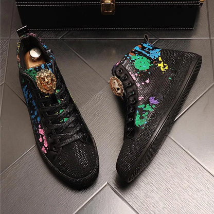 European fashion rhinestone sequin men's high top new network red shoes Korean version breathable high top board shoes - Kimlud