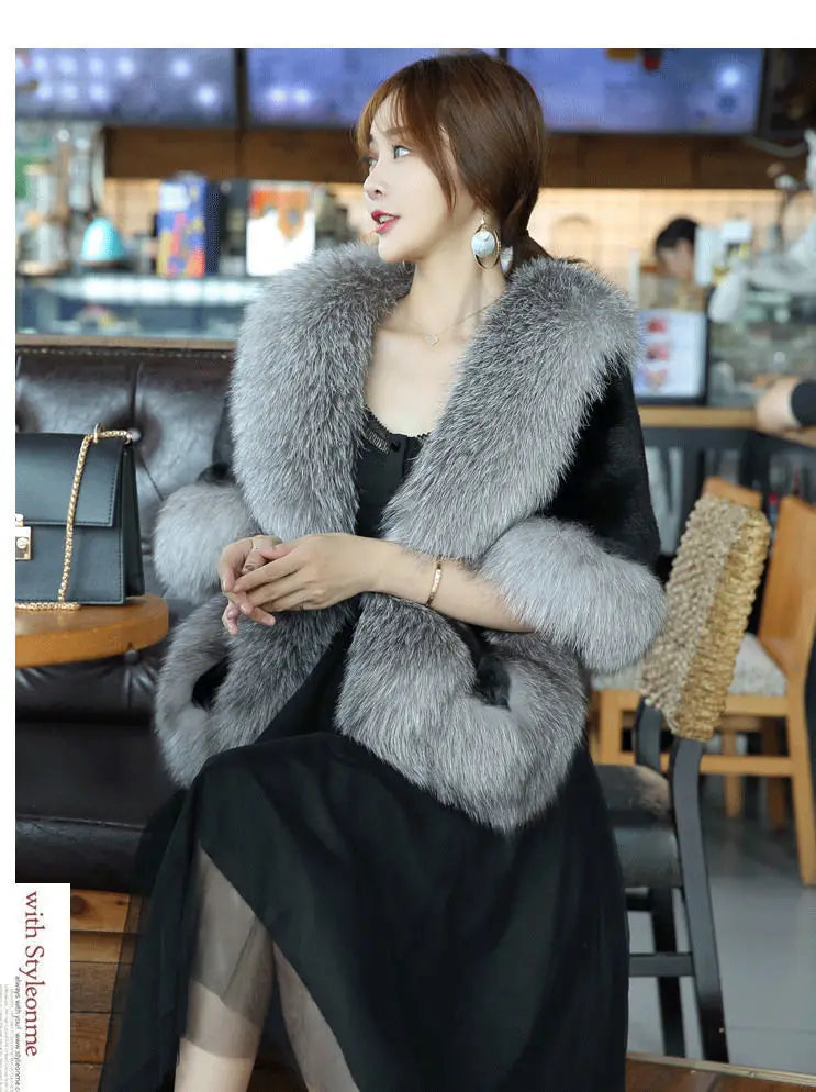 2026 imitation mink women's fox fur collar shawl scarf cloak mink fur coat Bridal dress hairy large shawl cape short coat