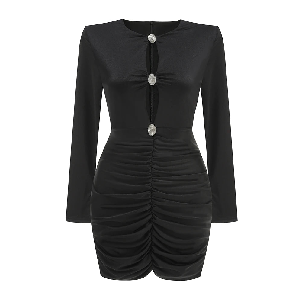 VC Chic Black Long Sleeved Ruched Mini Dress with Crystal Detailing for a Special Night Out
