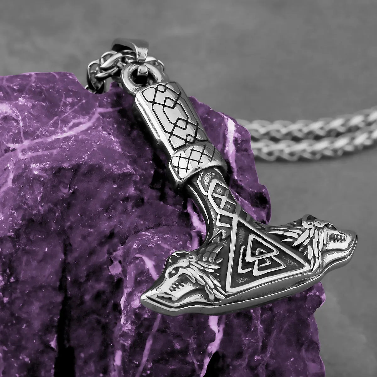 Vintage Viking Wolf Head Thor's Hammer Necklace Men Nordic Valknut Odin Symbol Pendant Necklace Fashion Stainless Steel Jewelry