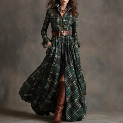 Plaid with Belt Retro Long Dress Lapel Button Irregular A Line Skirts Long Sleeve Casual Women's Dresses Autumn Elegant Clothes