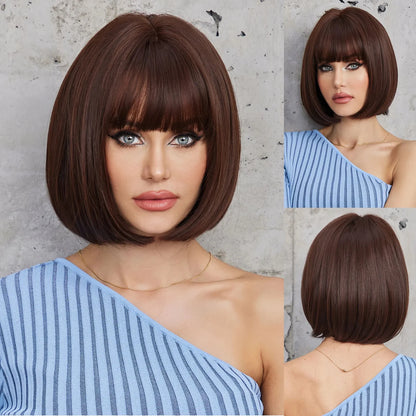 Short straight synthetic wig Ginger Brown Bob wig with straight bangs Ladies Cosplay daily natural high temperature silk wig