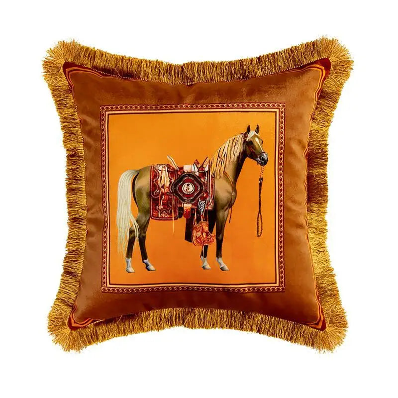 European Retro Horse Printed Pillow Cover Sofa Gold Tassel Pillowcase Velvet Fabric Cushion Cover | Kimlud Premium Pillow