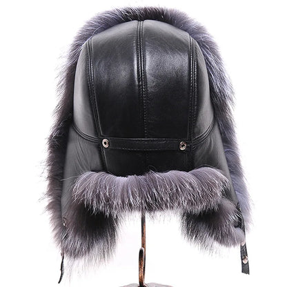 New Winter Men's 100% Real Silver Fox Fur Bomber Hat Raccoon Fur Ushanka Cap Trapper Russian Man Ski Hats Caps Real Leather Top