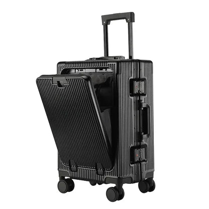 Front Opening Large Capacity Rolling Luggage Case Aluminum Frame Trolley Case USB Charging Boarding Suitcase With cup holders