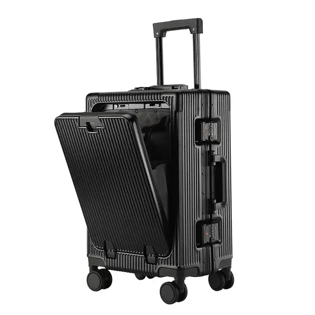 Front Opening Large Capacity Rolling Luggage Case Aluminum Frame Trolley Case USB Charging Boarding Suitcase With cup holders