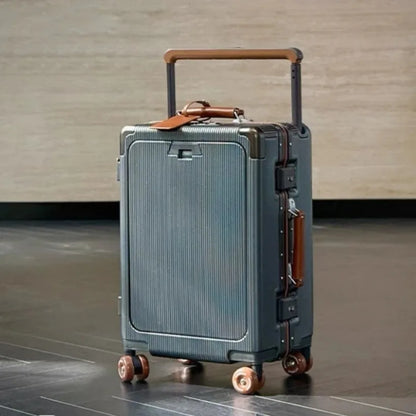 Front Opening Pocket Rolling Luggage Aluminum Frame Wide Handle Trolley Suitcase with Colorful Silent Wheels & USB Charging Plug
