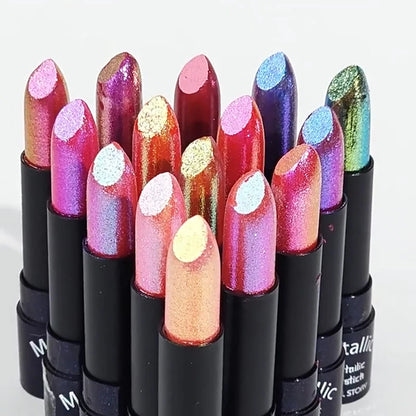 15Colors Metallic Glitter Lipstick Waterproof Lasting Diamond Pearlescent Metallic Lipstick Blue Lip Gloss Women Makeup Cosmetic