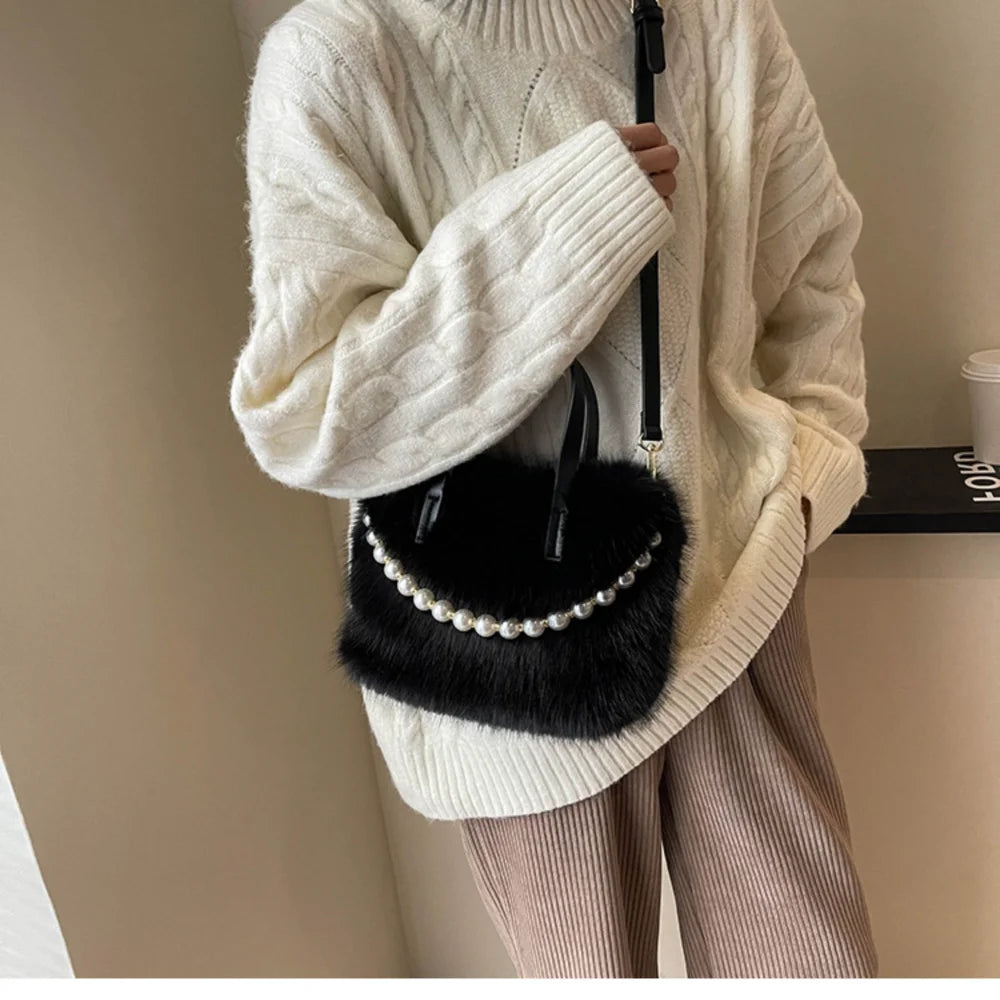 Fairy Handbag Pearl Chain Plush Small Square Bag For Women Fashion Elegant Shoulder Crossbody Bag Autumn Winter Versatile Totes