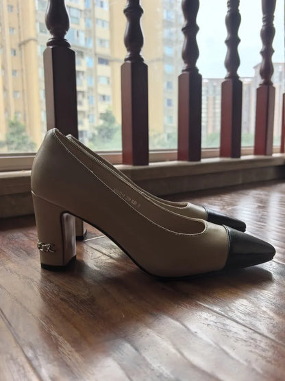 MKKHOU Fashion Shoes New High Quality Genuine Leather Shoes Color blocked Round Head Shallow Mouth High Heels Women's Shoes - Kimlud